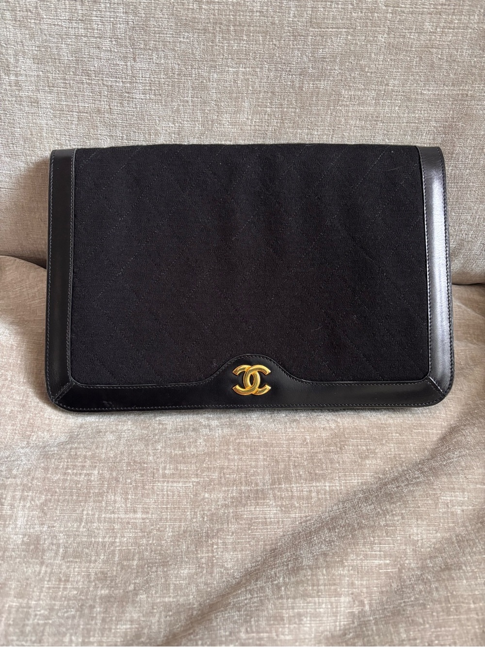 Authentic CHANEL coco mark cotton jersey push lock black leather vintage clutch